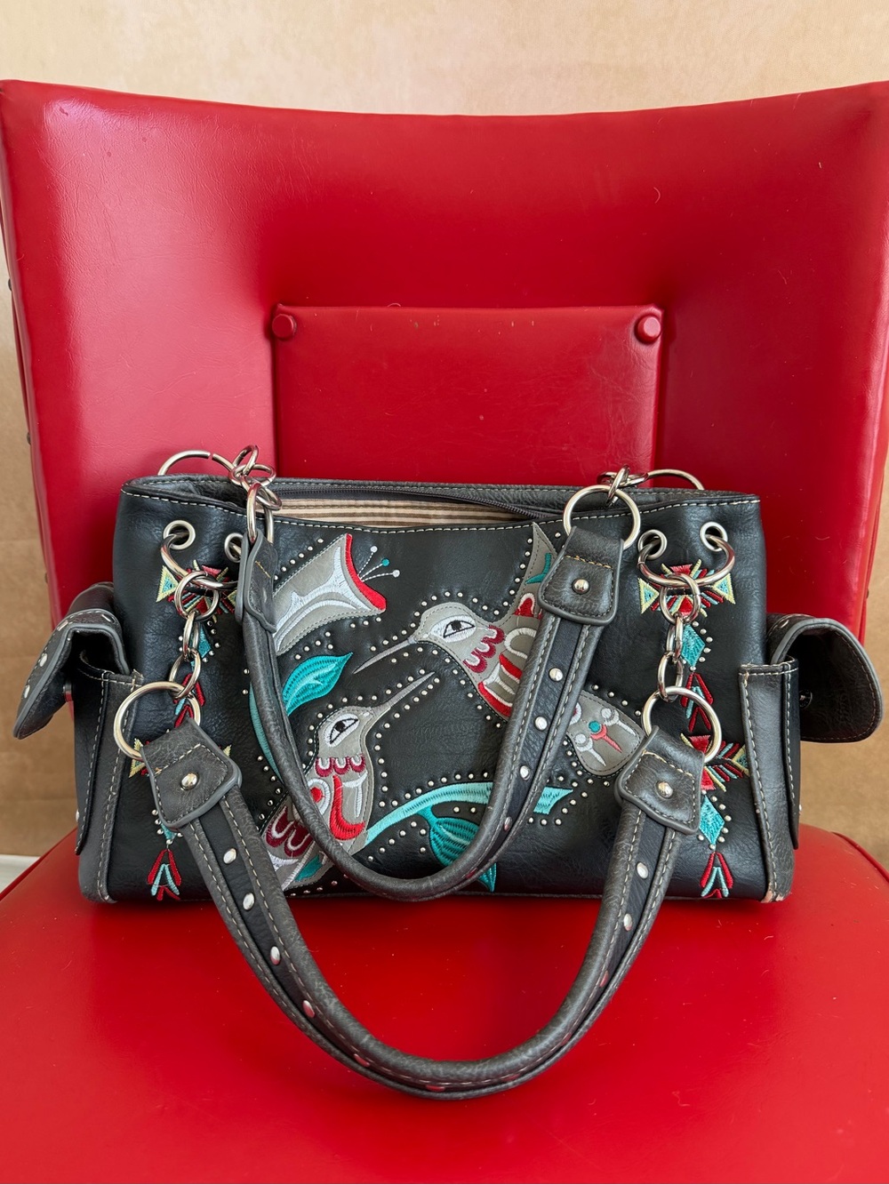 Black Embroidered Floral Satchel with Turquoise Accents